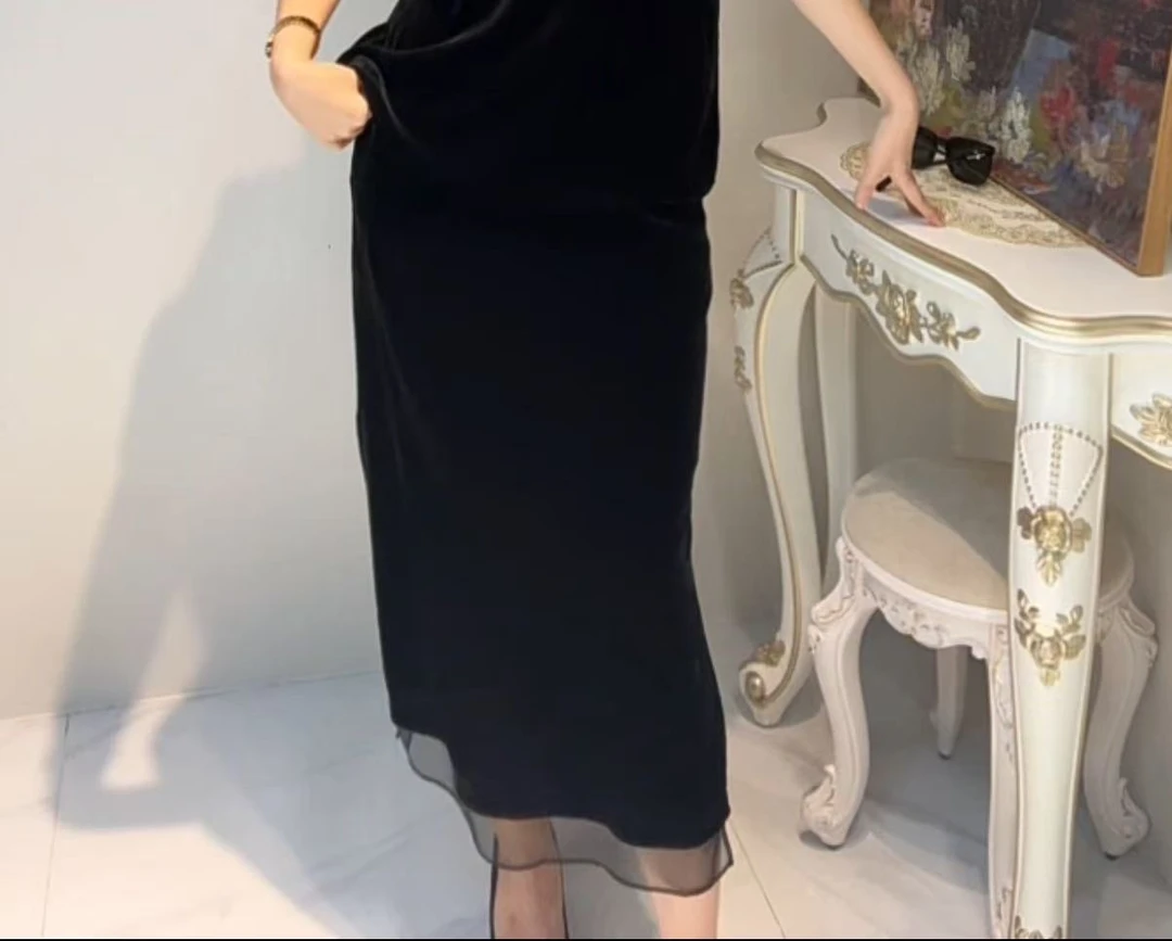 真丝丝绒拼接欧根纱半裙