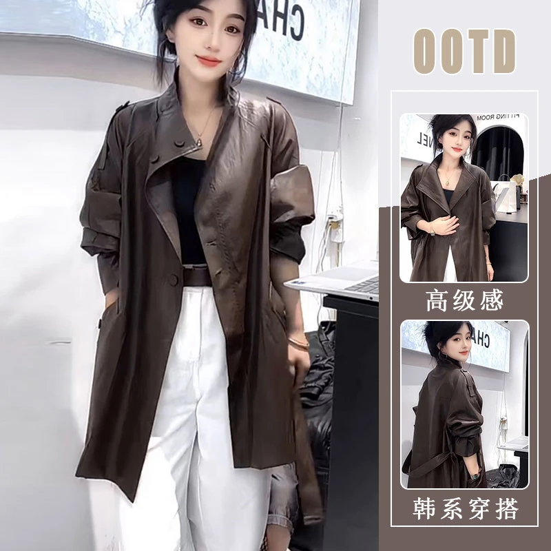 欧洲站网红爆款秋季新款轻奢减龄黑色显瘦长款洋气法式皮衣风衣潮