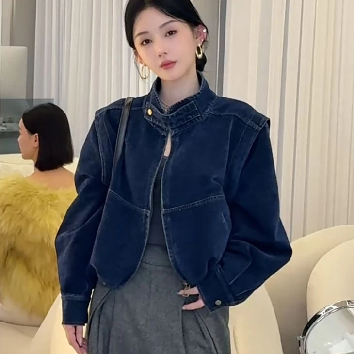 美式复古立领短款牛仔外套女2025新款休闲拉链工装夹克宽松上衣潮