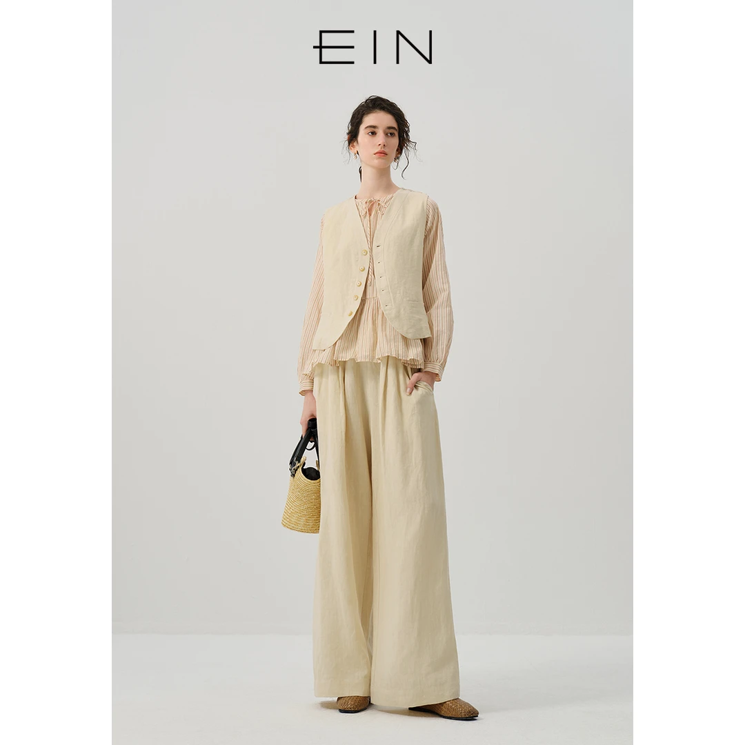 EIN/言慵懒松弛感古朴轻舒亚麻轻通勤倒褶宽松阔腿裤子早春新款