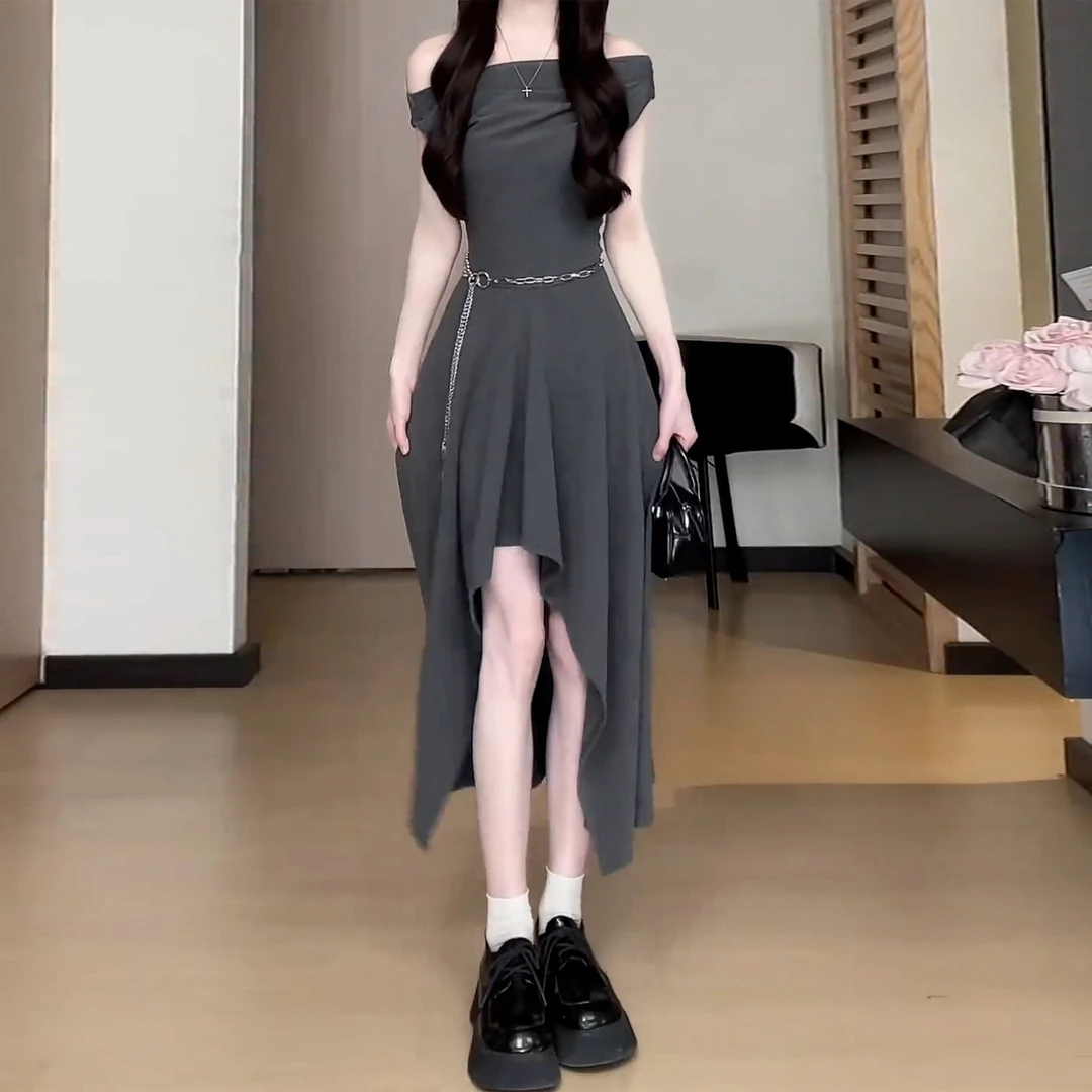 法式不规则一字肩短袖连衣裙子女夏季新款高级感收腰显瘦气质长裙
