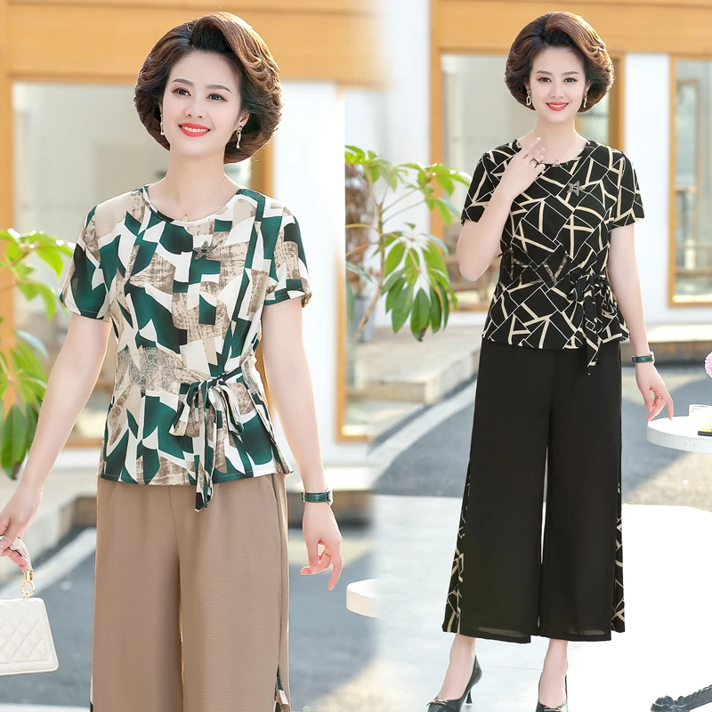 中老年妈妈装夏季套装2025新款中年短袖T恤洋气时尚阔太太雪纺衫