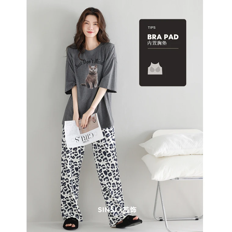 带胸垫睡衣女款夏季薄款纯棉短袖豹纹长裤套装春夏款可外穿家居服