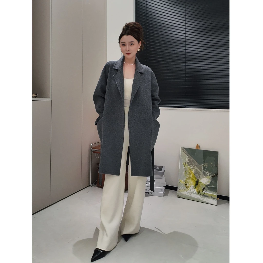 100羊绒大衣labbro双面手缝定制款山羊绒浴袍款腰带大衣