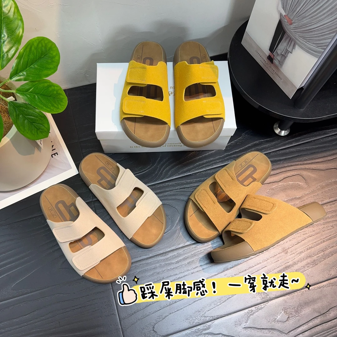 踩屎感~爆款吐司博肯拖鞋~2025新款韩版网红凉拖鞋魔术贴外穿拖鞋