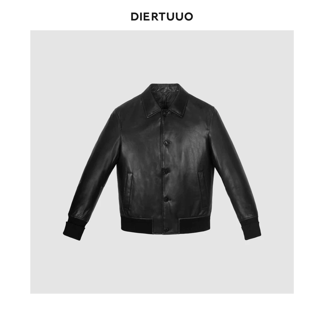 DIERTUUO迪途-68070男士冬季经典时尚修身黑色翻领真皮羽绒皮衣