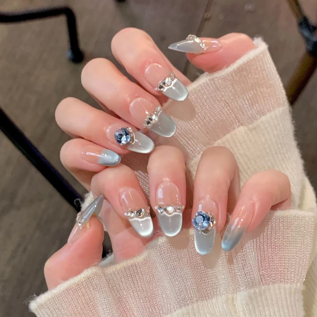 【冰透蓝钻】新款穿戴甲美甲款式推荐2025爆款美甲纯手工穿戴甲片