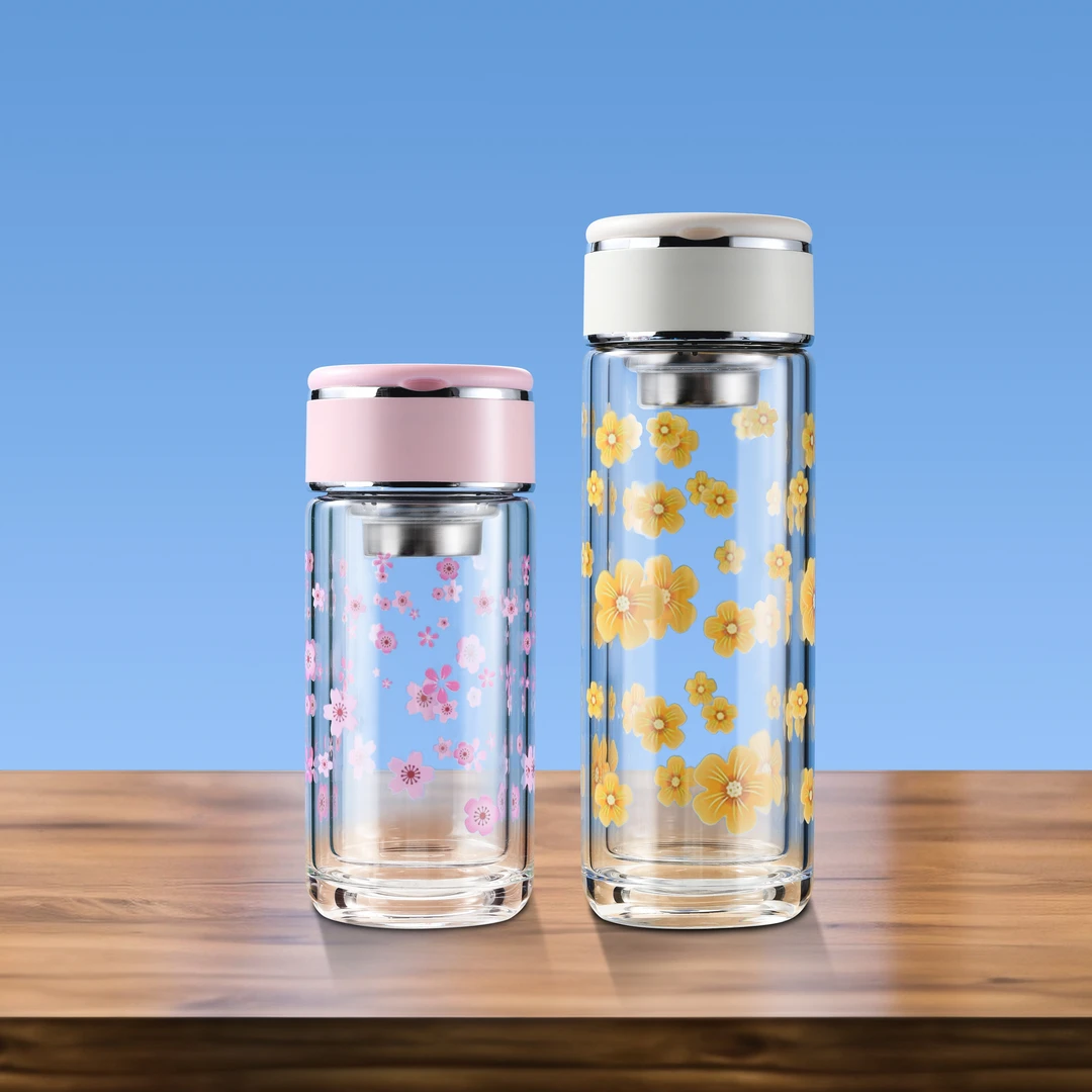 可爱女士便携玻璃杯双层透明加厚隔热家用上班族茶隔泡茶花茶水杯