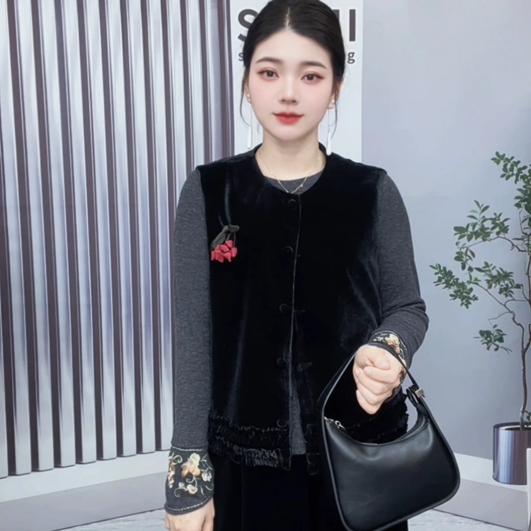 【舒瑶】新中式木耳边丝绒国风马甲气质复古中国风无袖坎肩