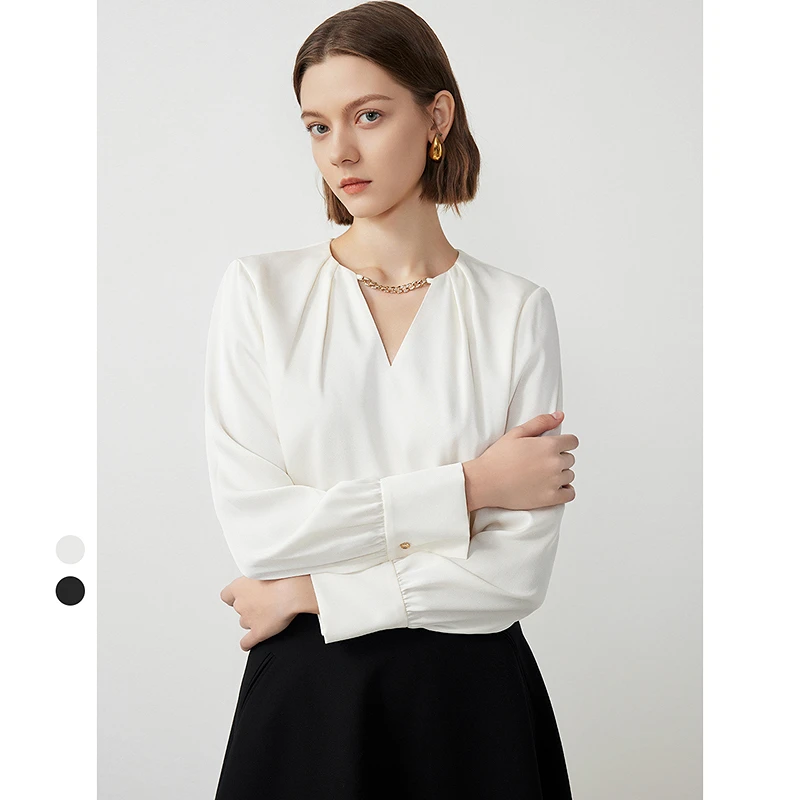 【达人】朗姿v领长袖上衣衬衣高级感24年秋法式时尚衬衫欧若风