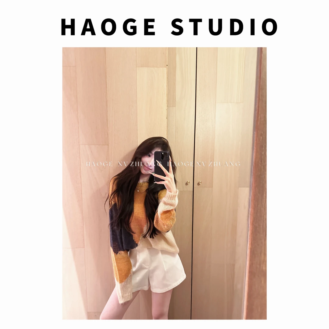 浩哥严选●拼色毛衣预HGX5MY2547A时尚休闲百搭宽松秋季圆领设计感