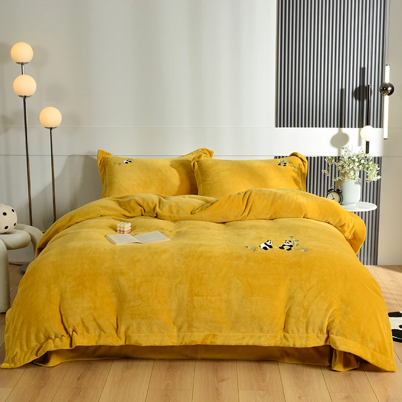 【招财进宝】姜黄 四件套&绣花加厚牛奶绒双面抗静电床品套件