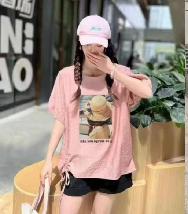 【锦衣服饰】XRX 857韩系抽绳草帽美女彩印圆领短袖T