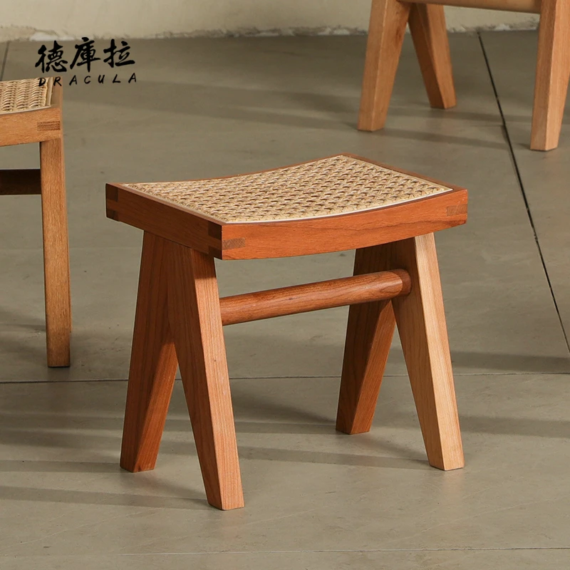 微瑕25cm高换鞋凳昌迪加尔藤编北美樱桃木小凳子中古侘寂凳柚立方