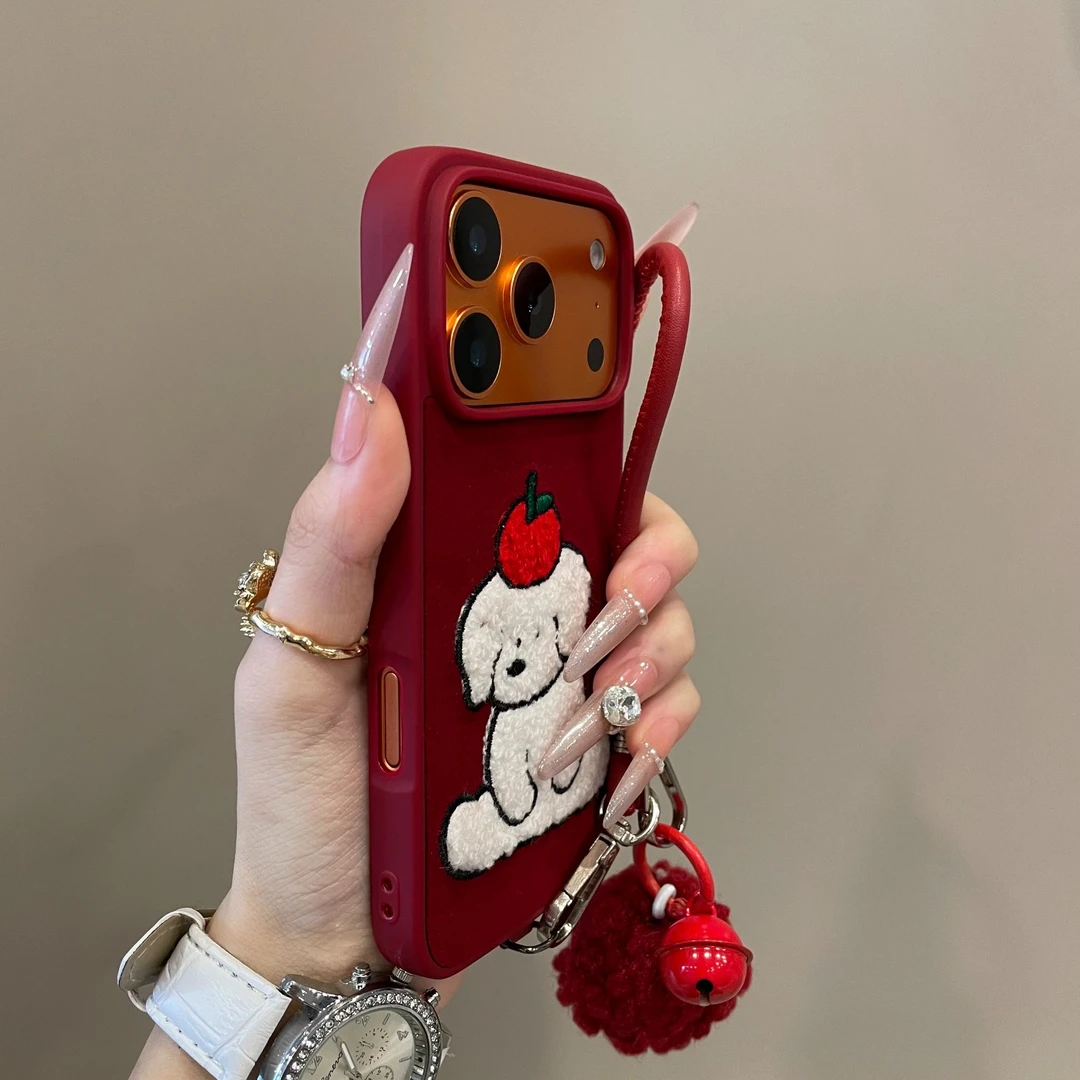 可爱绒布刺绣苹果小狗适用苹果17promax手机壳16pro创意15个性14