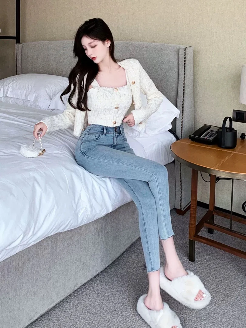 双扣新款紧身牛仔裤女弹力韩版潮显瘦百搭网红铅笔裤9分裤A007