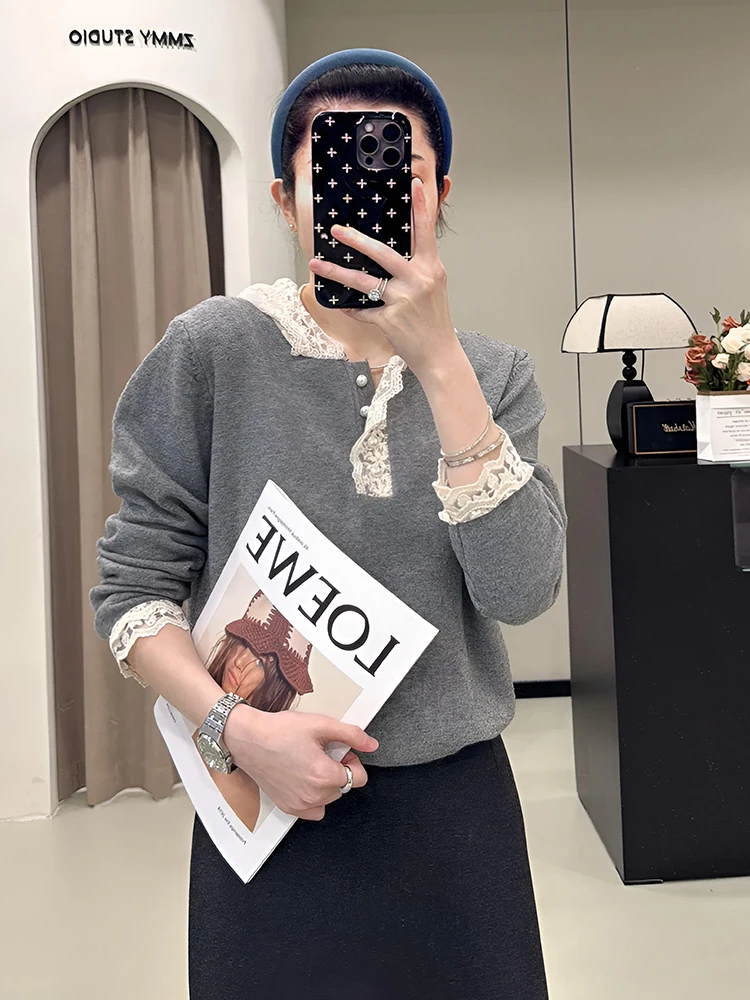 法式蕾丝连帽针织衫女秋冬新款设计感独特显瘦打底衫休闲