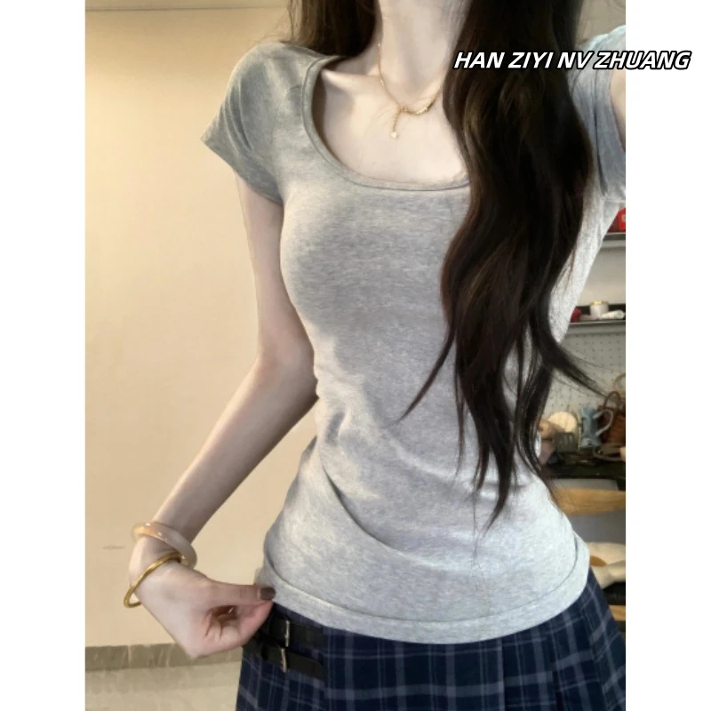 设计感小众u领纯棉短袖t恤女夏季新款辣妹修身显瘦性感短款上衣服