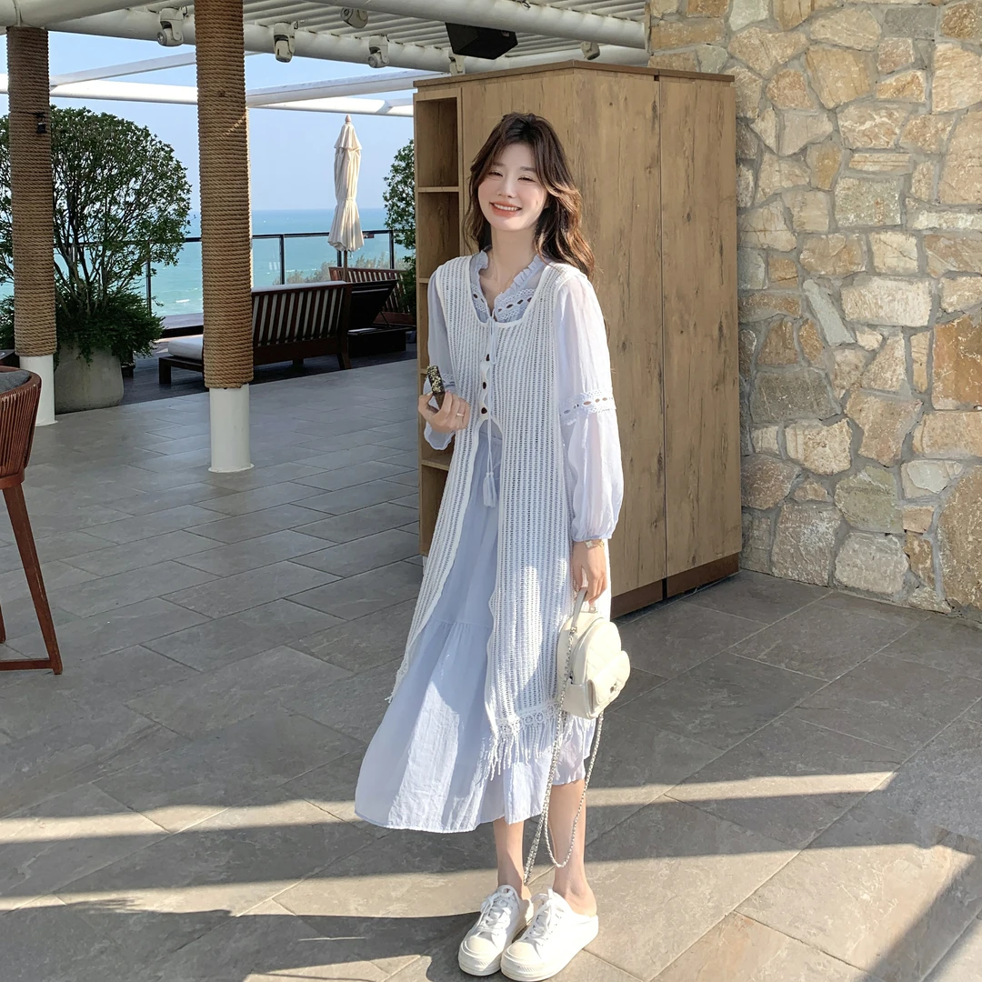 法式蓝色连衣裙套装女2025秋季新款超好看减龄镂空罩衫叠穿两件套