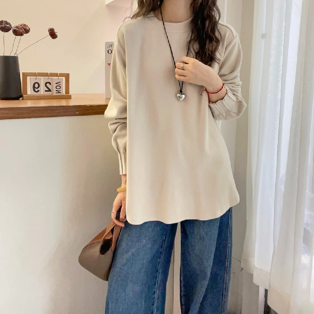 秋季新款纯色圆领花苞长袖T恤女德绒宽松大码打底休闲百搭上衣