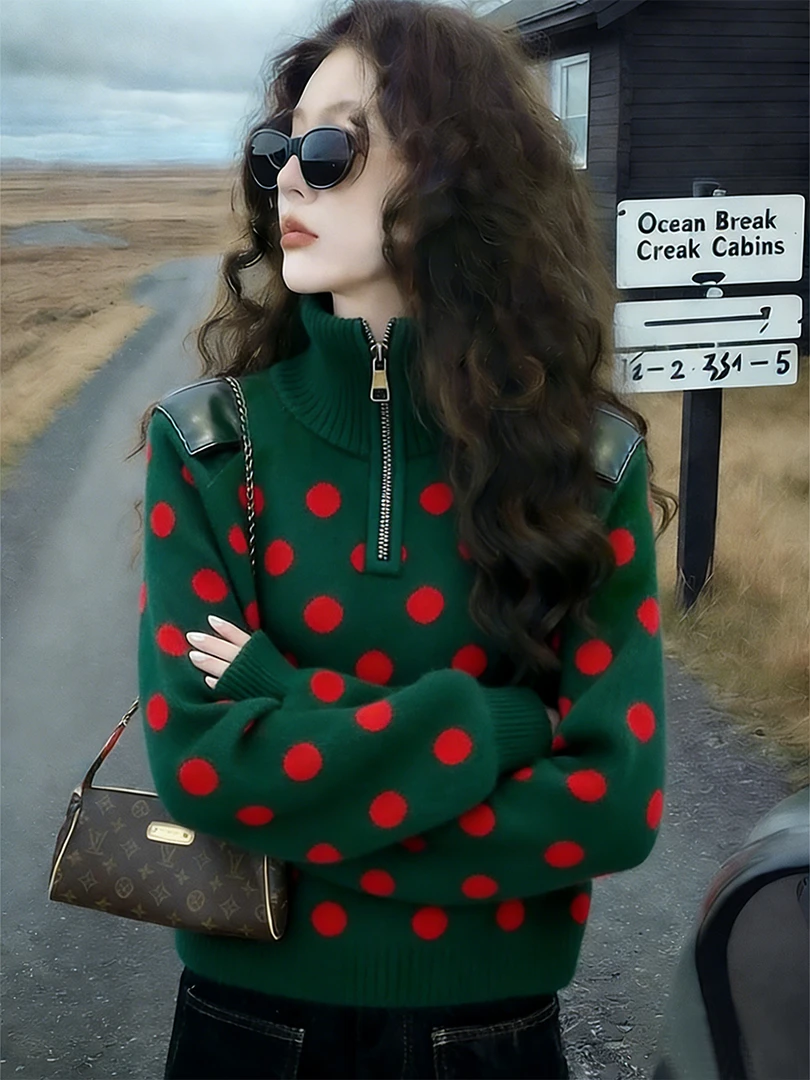复古绿色波点针织衫女2025冬季新款高级感内搭半拉链高领毛衣上衣