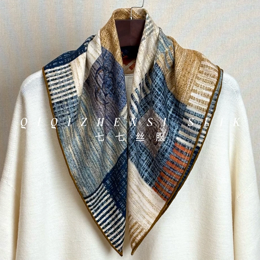 油画山茶丝羊毛方巾65cm搭配衣服百搭小丝巾披肩外搭