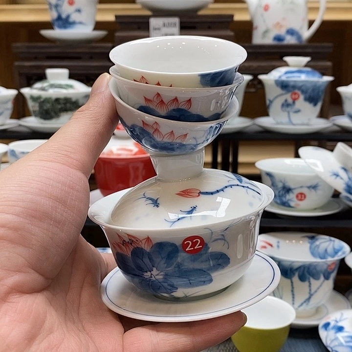 手绘微瑕荷花盖碗加3杯