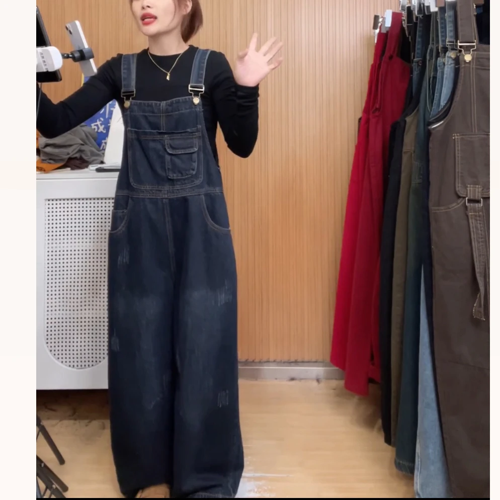 休闲百搭复古水洗牛仔背带裤女2025秋季新款减龄宽松显瘦连体裤子