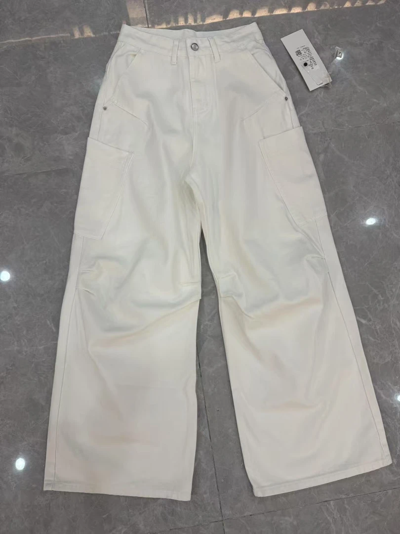 【TO&HR.GIRL】HT99005-白色美式工装设计阔腿高腰直筒牛仔裤