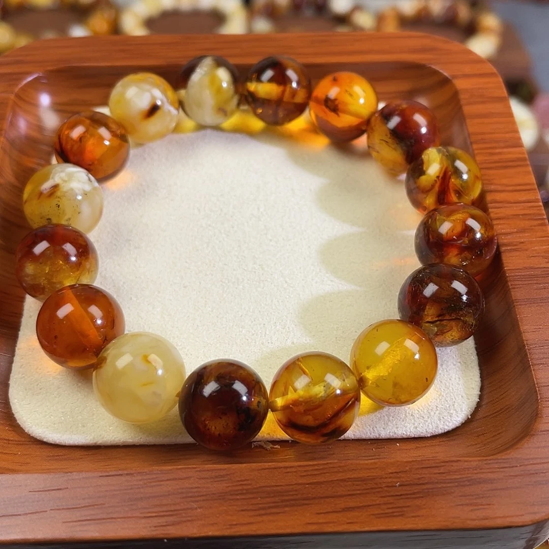 琥珀未镶嵌手链福利  天然沁色蜜蜡手串12.7m