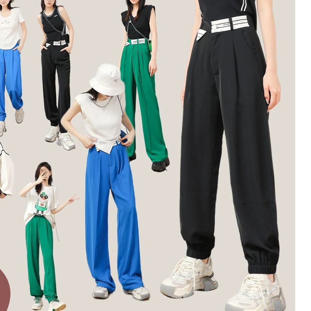 【超模抖抖裤】加密TR面料撞色拼接条纹三角标宽松西装裤W22AU1036