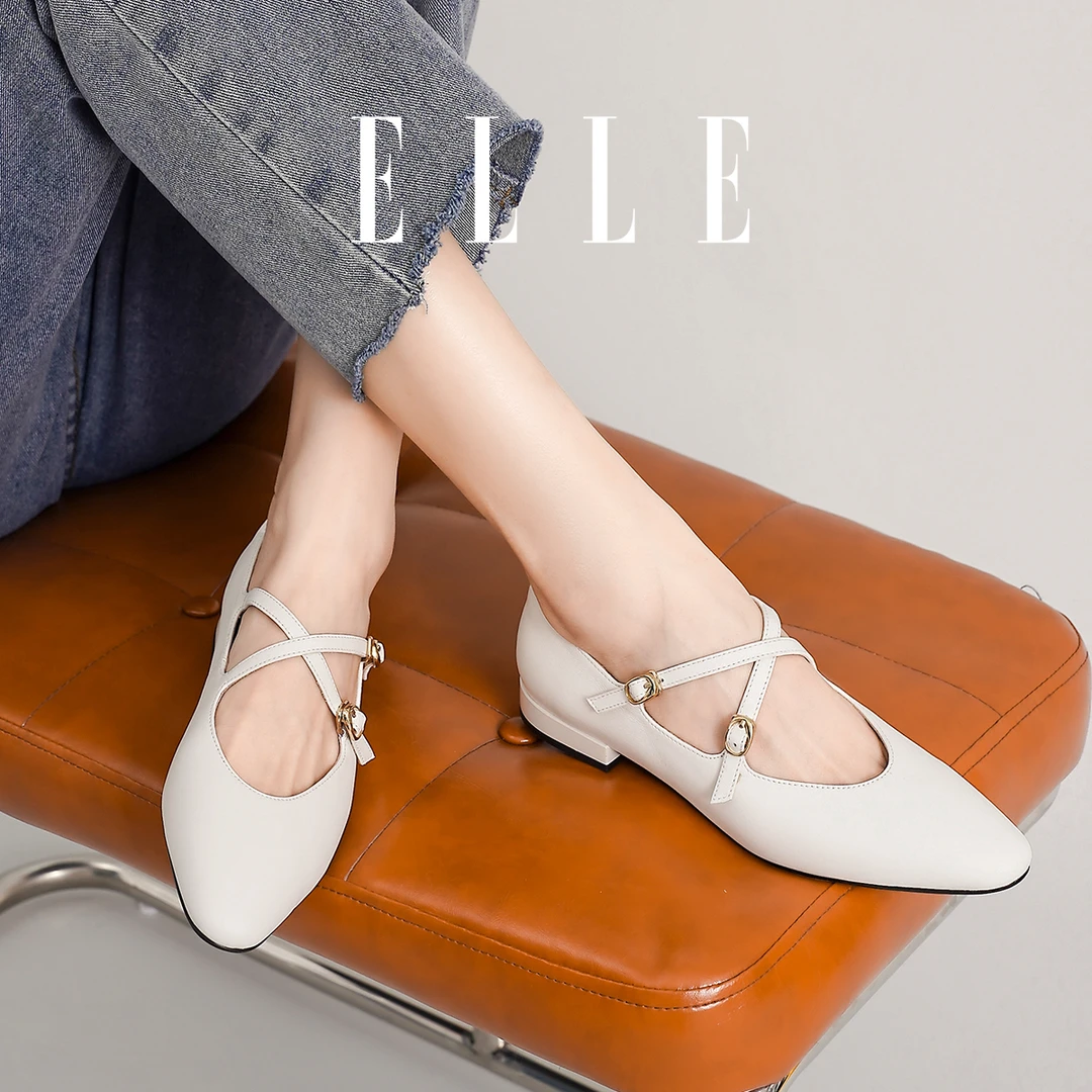 ELLE法式玛丽珍鞋女鞋2025爆款交叉芭蕾鞋子平底鞋黑色小皮鞋单鞋