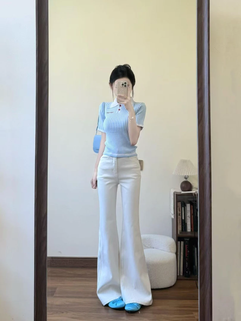 2025夏季新款2POLO衫竖条纹套头短袖针织衫女上衣百搭直筒休闲裤