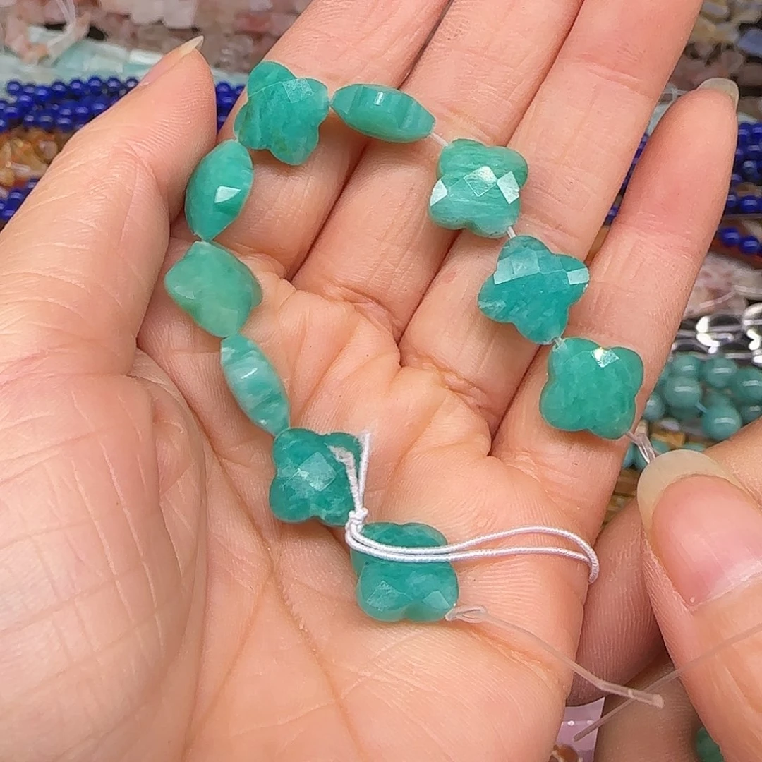 玛瑙/玉髓合金珠宝半成品天河石四叶草12mm半条