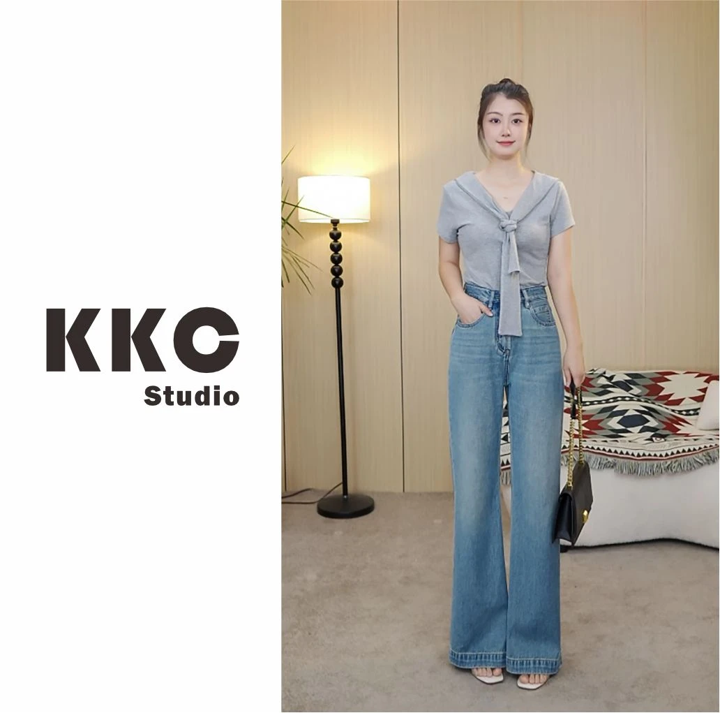 【法式蓝】2025新款中高腰直筒微喇叭牛仔裤莱赛尔显瘦宽松裤子