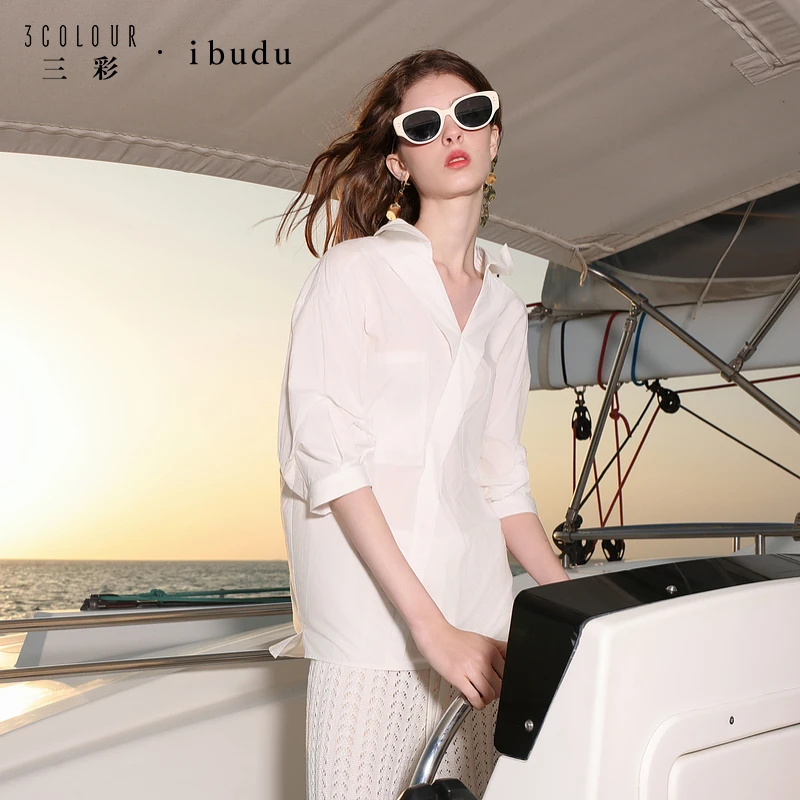 三彩ibudu2025夏季新款解构白衬衫设计感七分袖宽松衬衣简约女