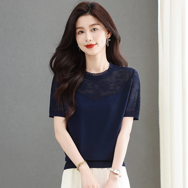 夏季薄款蕾丝领钩花镂空冰丝短袖t恤女显瘦百搭妈妈针织半袖小衫