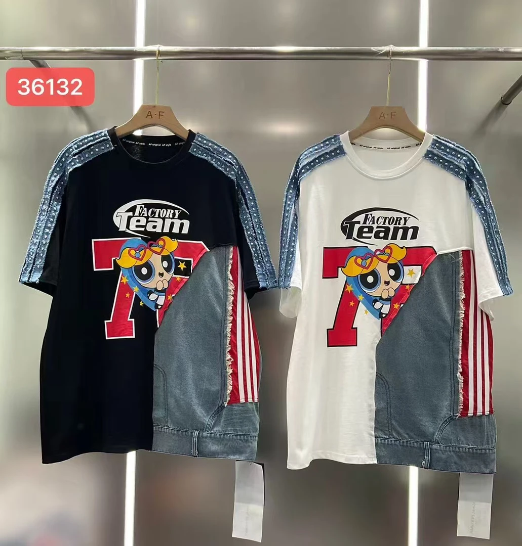 韩版潮流美式休闲卡通牛仔拼接短袖T恤夏季宽松洋气小众高街T恤女