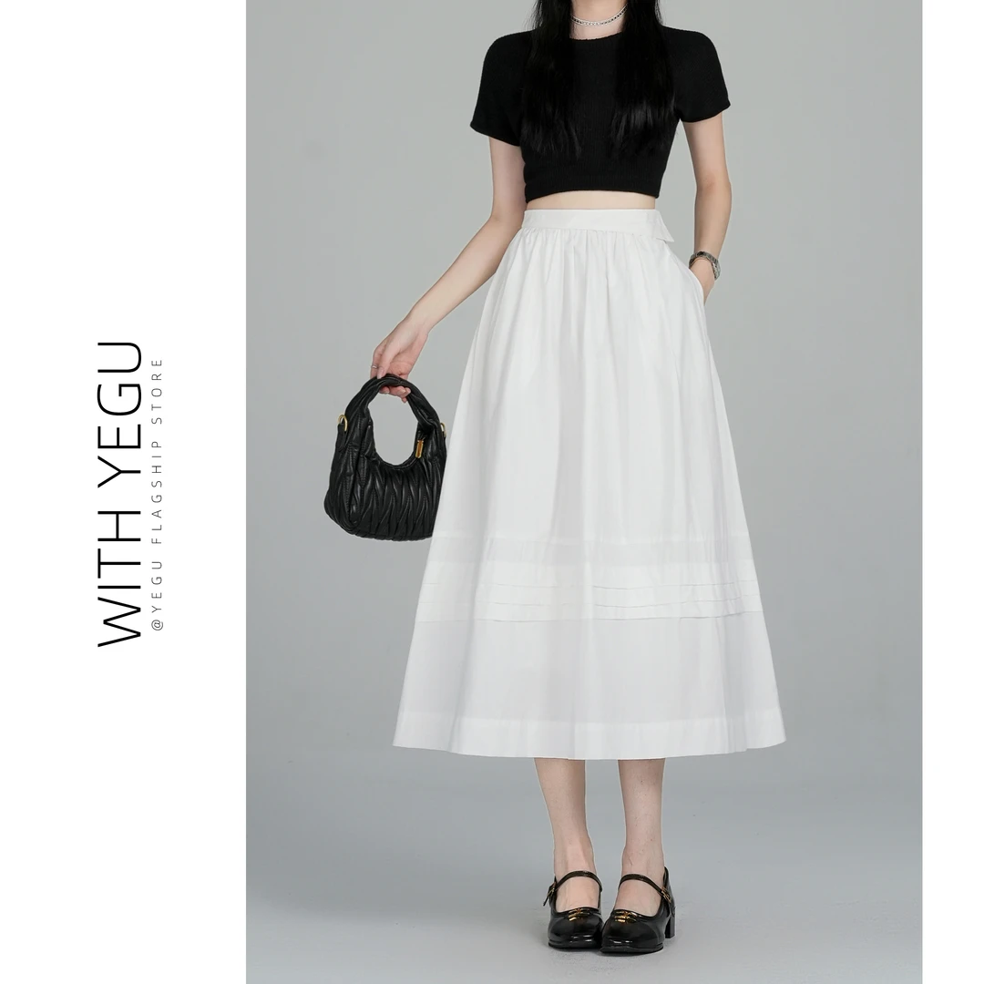 学院风白色压褶裙子女夏季薄款中长款a字大摆裙层次感拼接半身裙