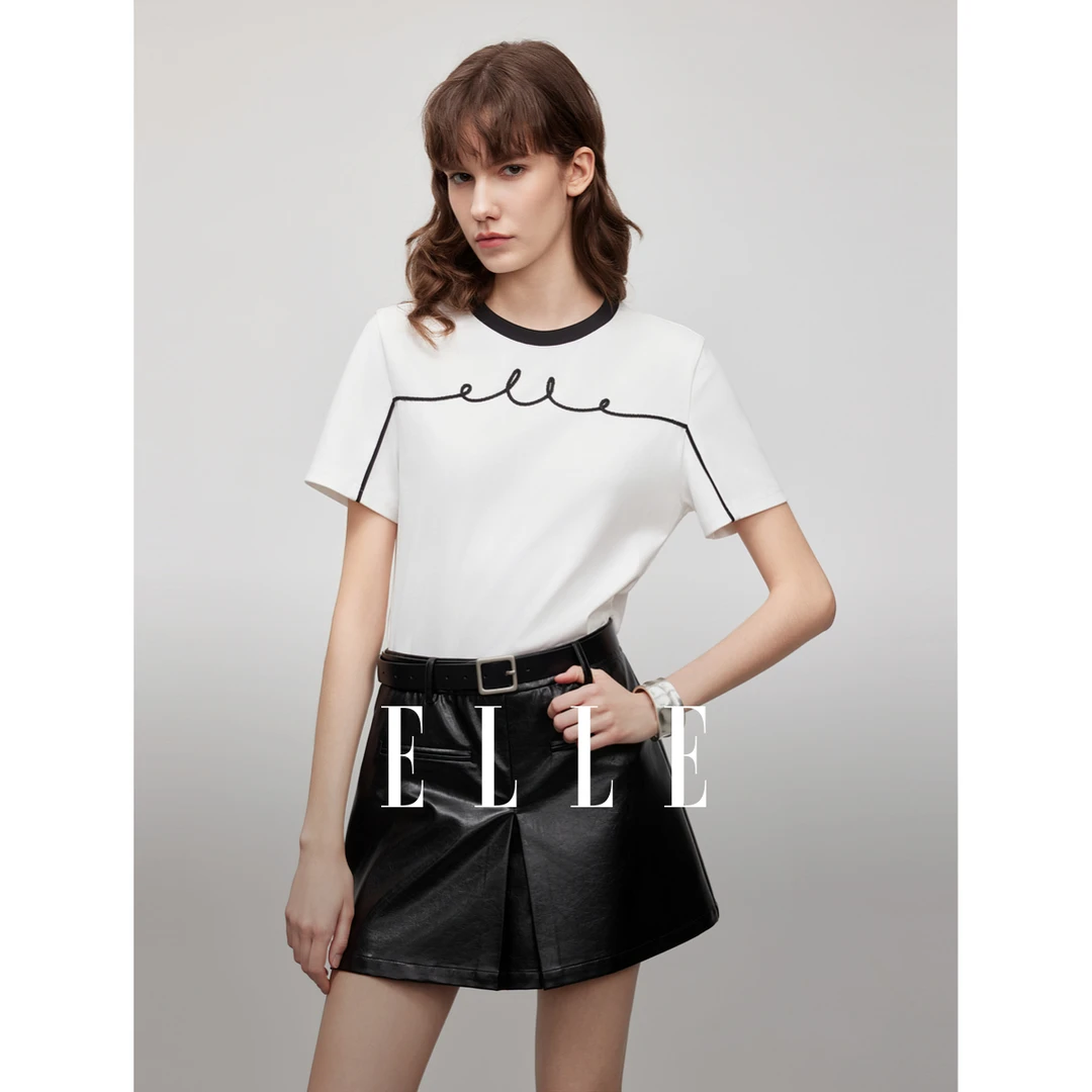 ELLE25夏新款法式圆领盘绳绣花撞色短袖女设计感通勤ET50890