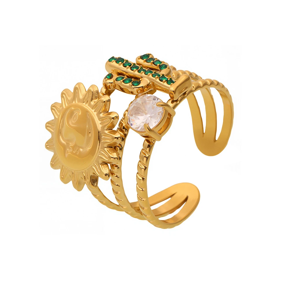 钛钢戒指 新款时尚笑脸戒指仙人掌镶嵌锆石太阳戒指