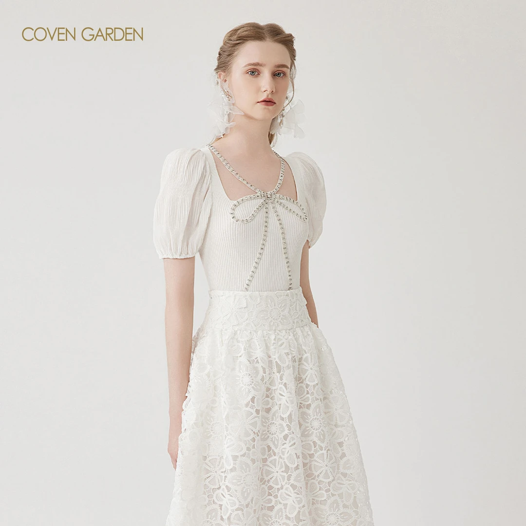 【哥文花园】夏季新款蝴蝶结泡泡袖针织衫女上衣CSA2034240