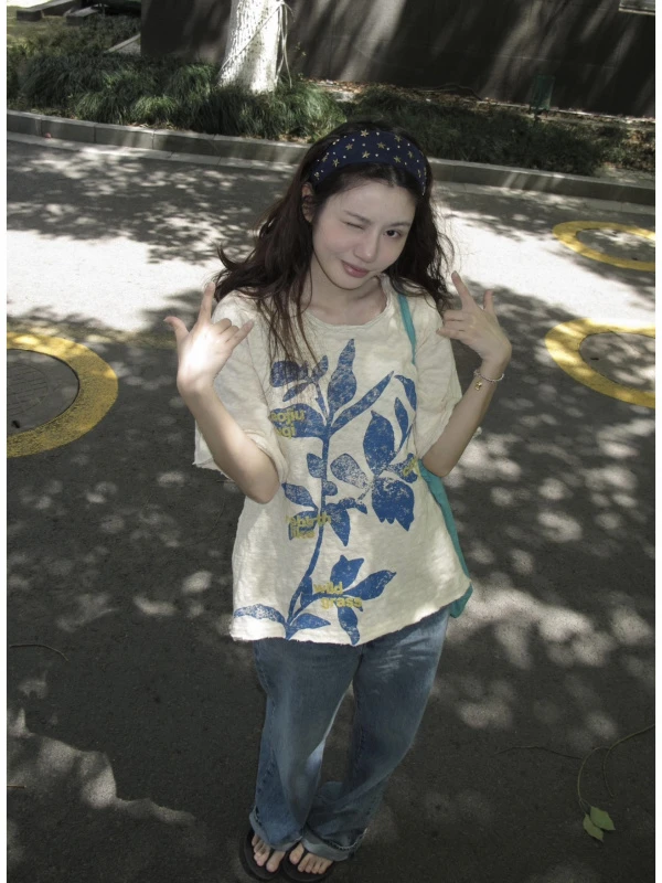 “麻油叶”做旧棉麻短袖T恤显瘦宽松印花上衣