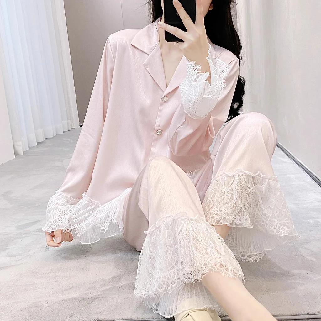 2025冰丝缎面睡衣女春秋季薄款甜美气质长袖套装高颜值外穿家居服