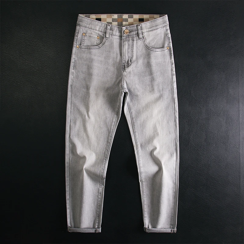 夏季薄款浅灰色牛仔裤男修身小直筒弹力水洗休闲百搭高端长裤子