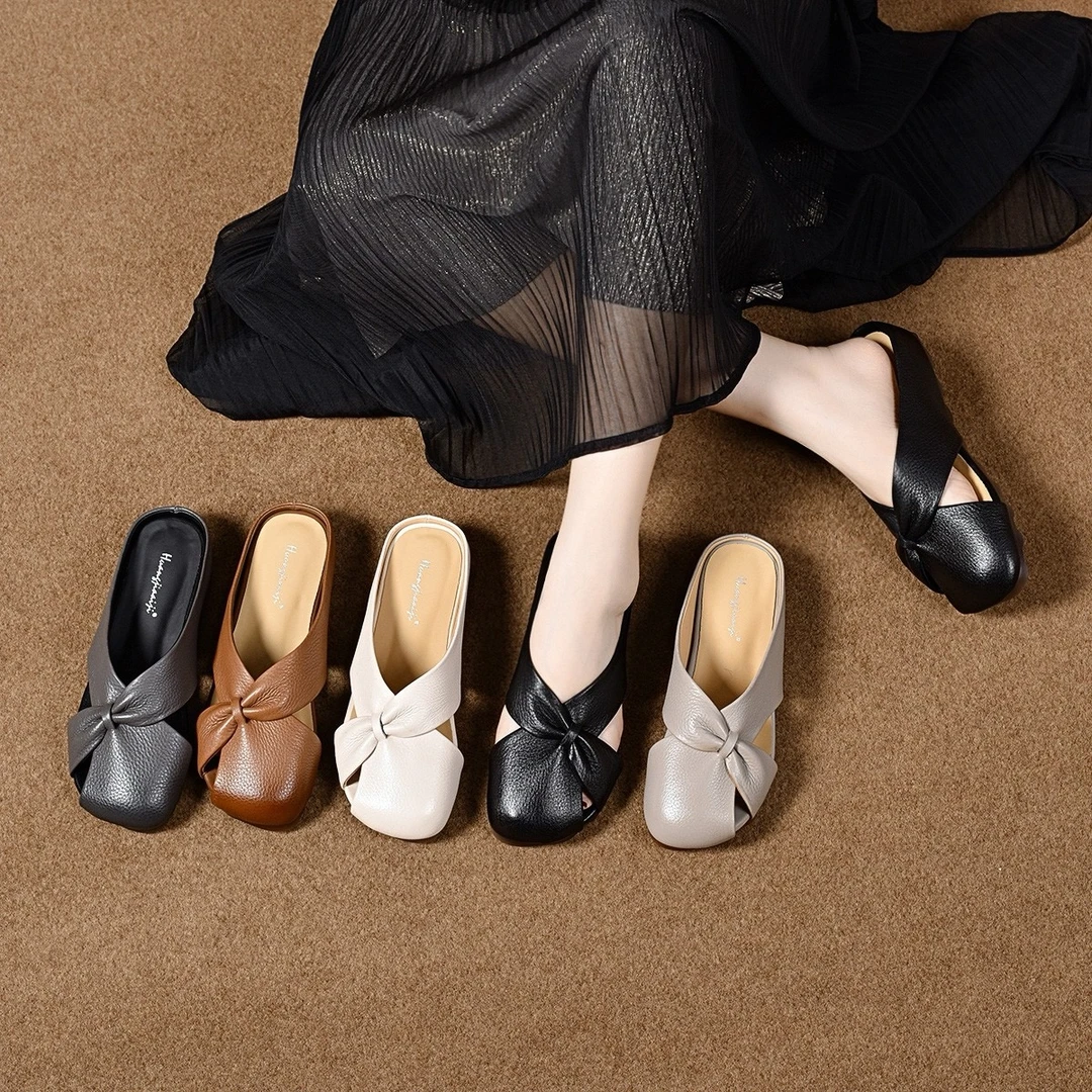 2025新款法式内增高包头半拖鞋女夏外穿平底穆勒鞋懒人真皮凉拖鞋