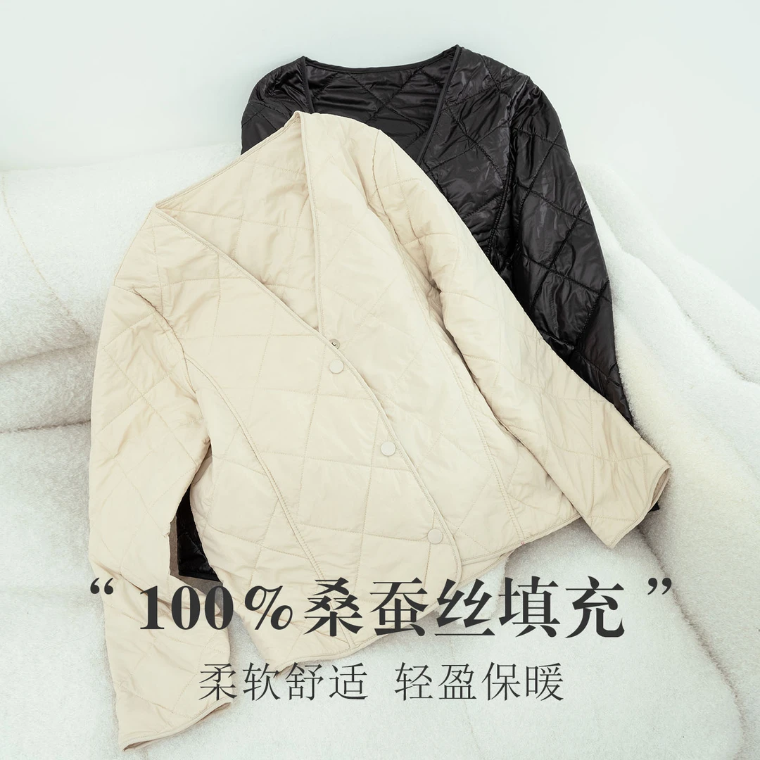 抗寒新品桑蚕丝填充V领保暖长袖棉袄女 菱格花纹按扣防风防水上装