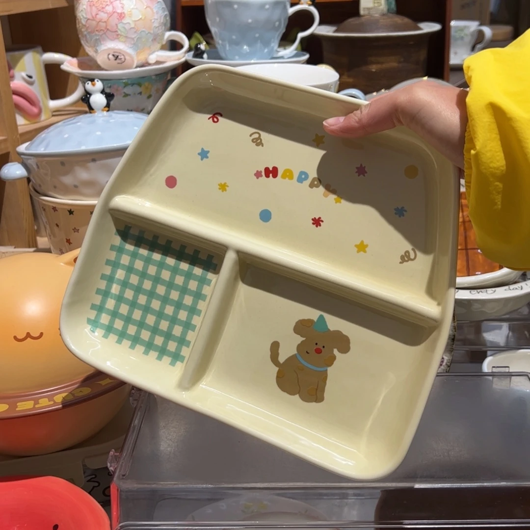 小狗三格分餐盘可爱