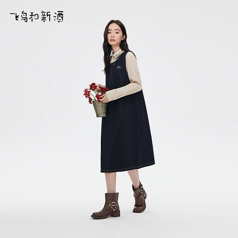 【大瑶】飞鸟和新酒秋季宽松显瘦刺绣圆领无袖牛仔连衣裙FD55183016