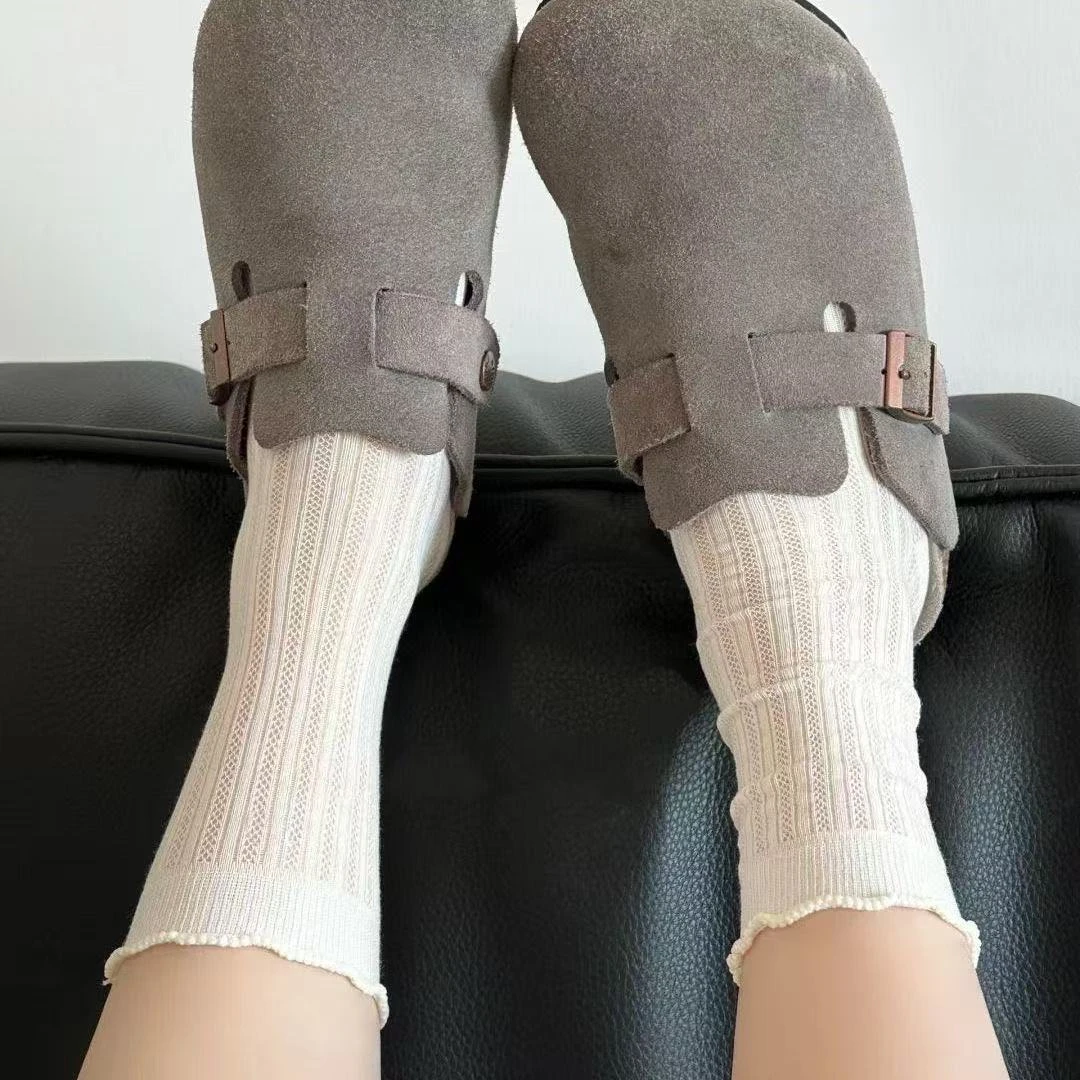 袜子女夏季薄款ins潮奶油系卷边暗纹中筒袜日系jk堆堆袜透气吸汗